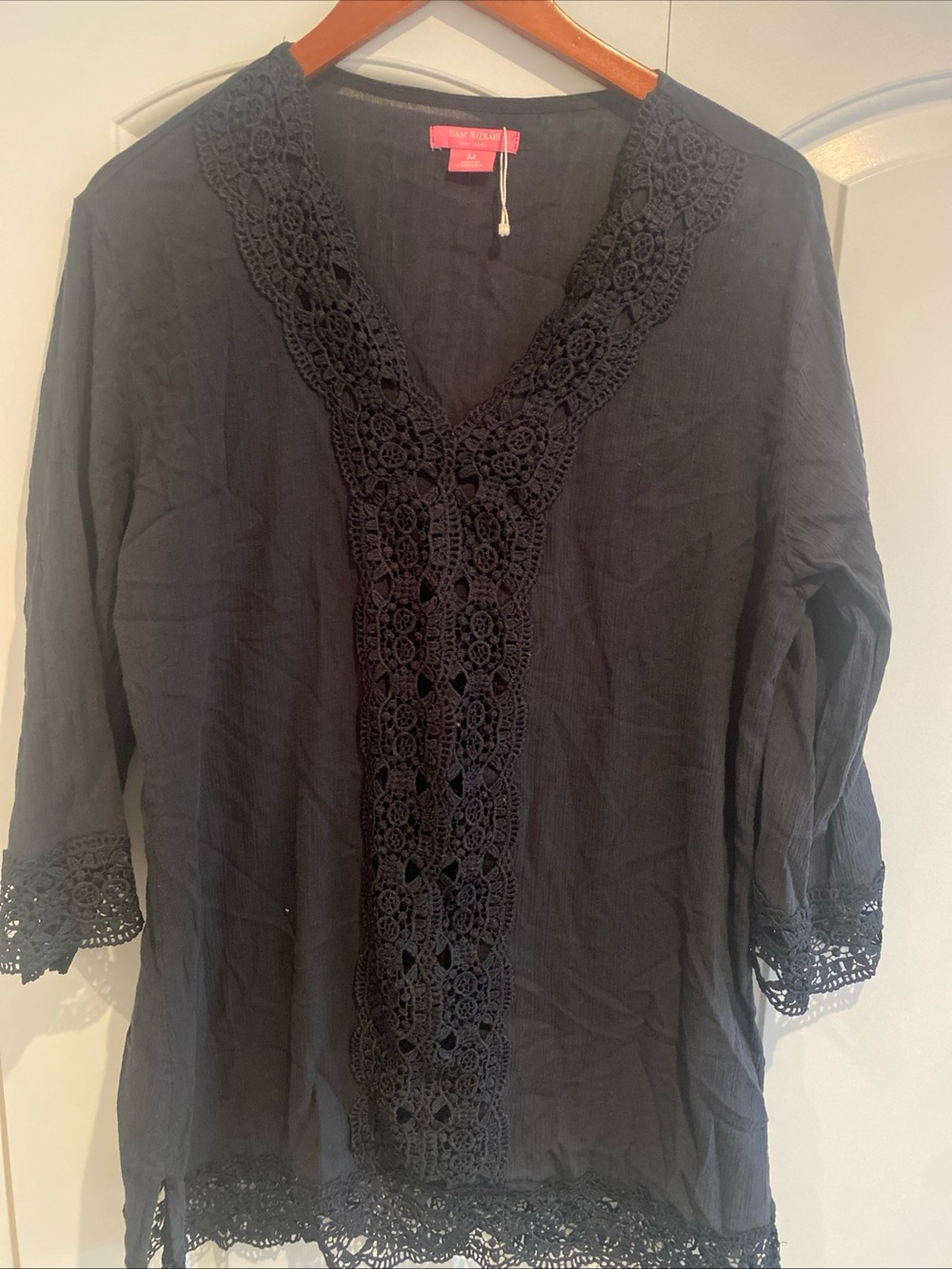 Isaac Mizrahi Black Crochet-Trim V-Neck Tunic